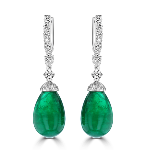 18K WHITE GOLD 34.35CT EMERALD & 2.02CT DIAMOND DANGLE LEVERBACK EARRINGS