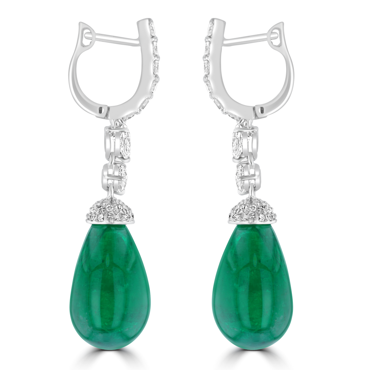 18K WHITE GOLD 34.35CT EMERALD & 2.02CT DIAMOND DANGLE LEVERBACK EARRINGS