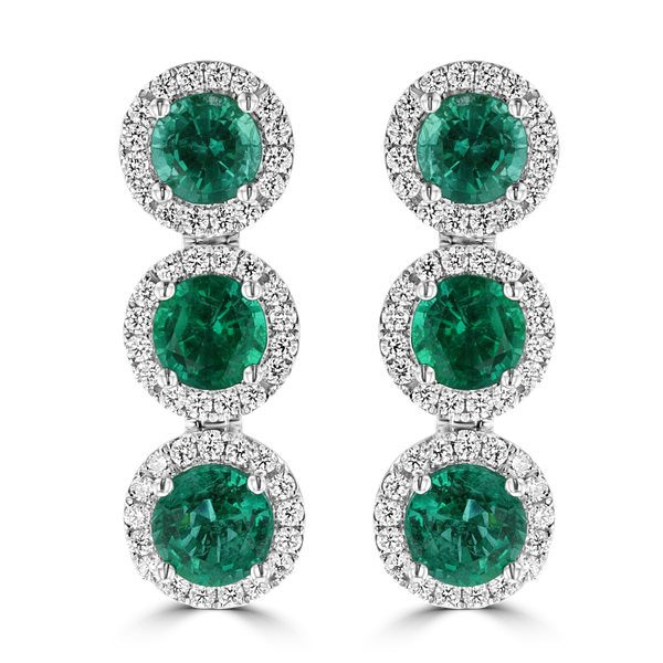 JULEVE 18KT WHITE GOLD 5.03CT EMERALD & 1.05CTW DIAMOND HALO DROP EARRINGS