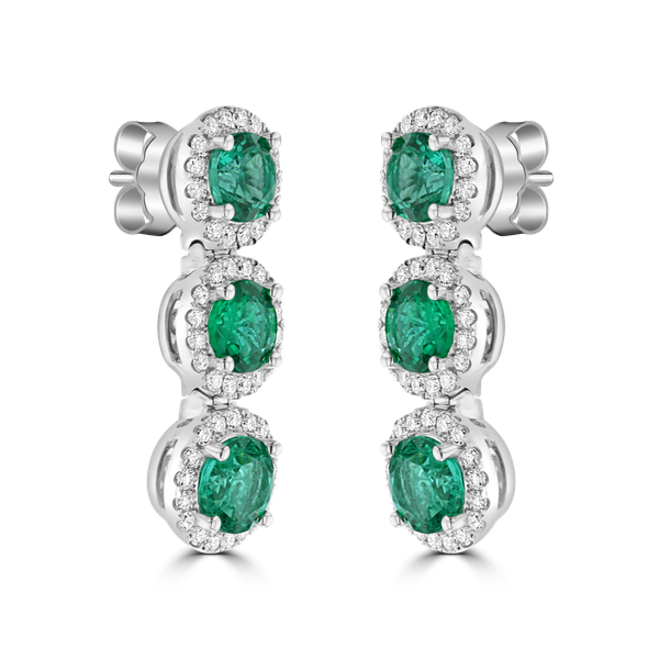 JULEVE 18KT WHITE GOLD 5.03CT EMERALD & 1.05CTW DIAMOND HALO DROP EARRINGS