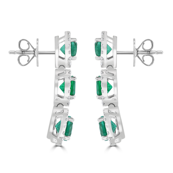 JULEVE 18KT WHITE GOLD 5.03CT EMERALD & 1.05CTW DIAMOND HALO DROP EARRINGS