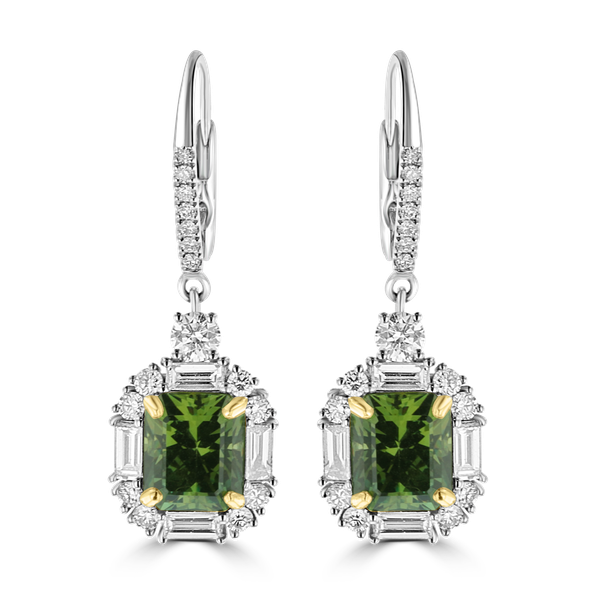 JULEVE 18KT WHITE GOLD 5.06CT GREEN GARNET & 1.44CTW DIAMOND DANGLE EARRINGS