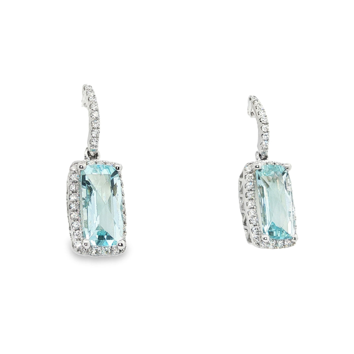 14kt White Gold Elongated Cushion Aquamarine and Diamond Halo Drop Earrings