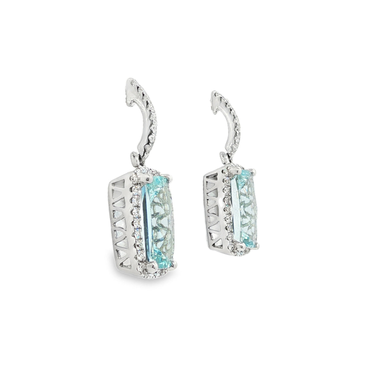 14kt White Gold Elongated Cushion Aquamarine and Diamond Halo Drop Earrings