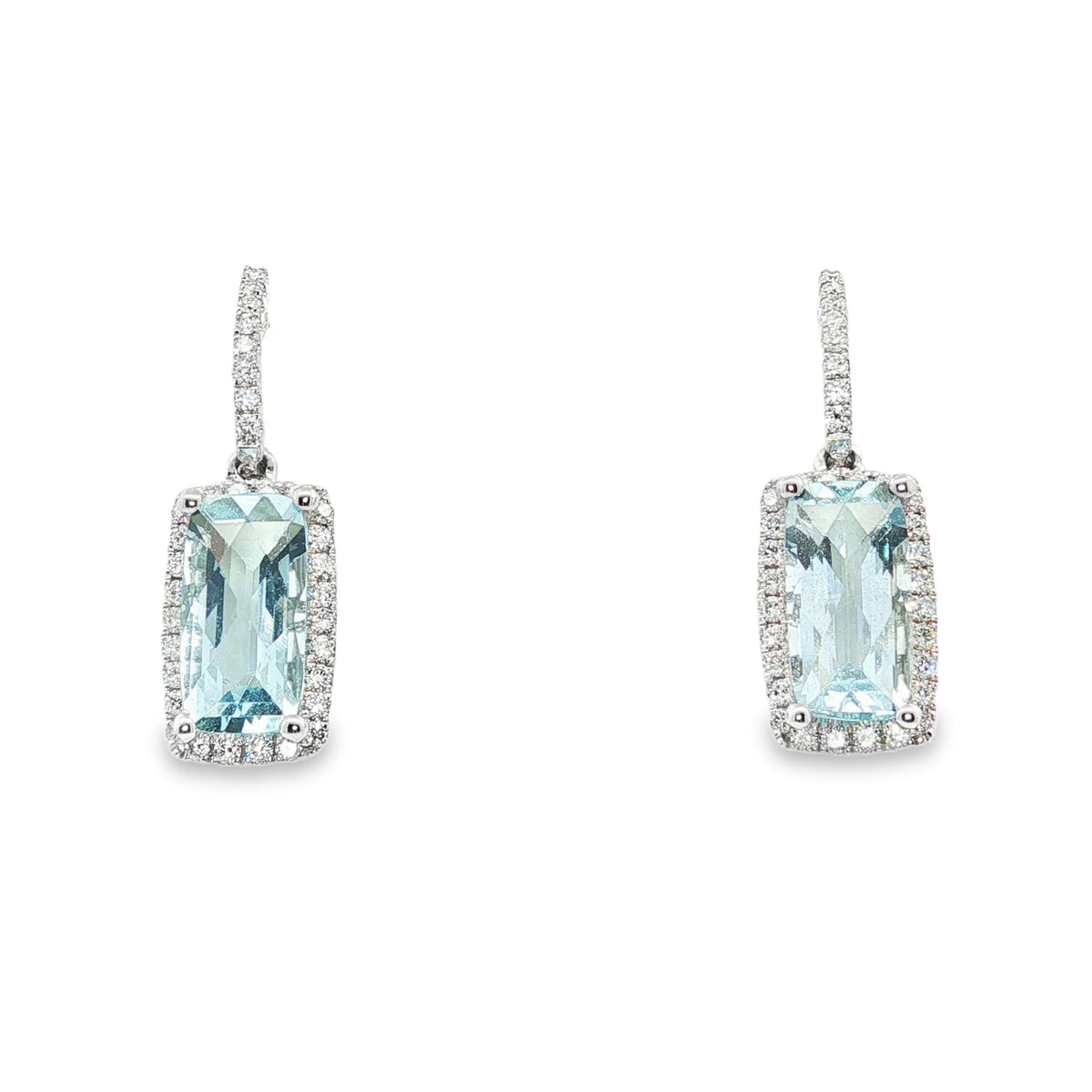 14kt White Gold Elongated Cushion Aquamarine and Diamond Halo Drop Earrings