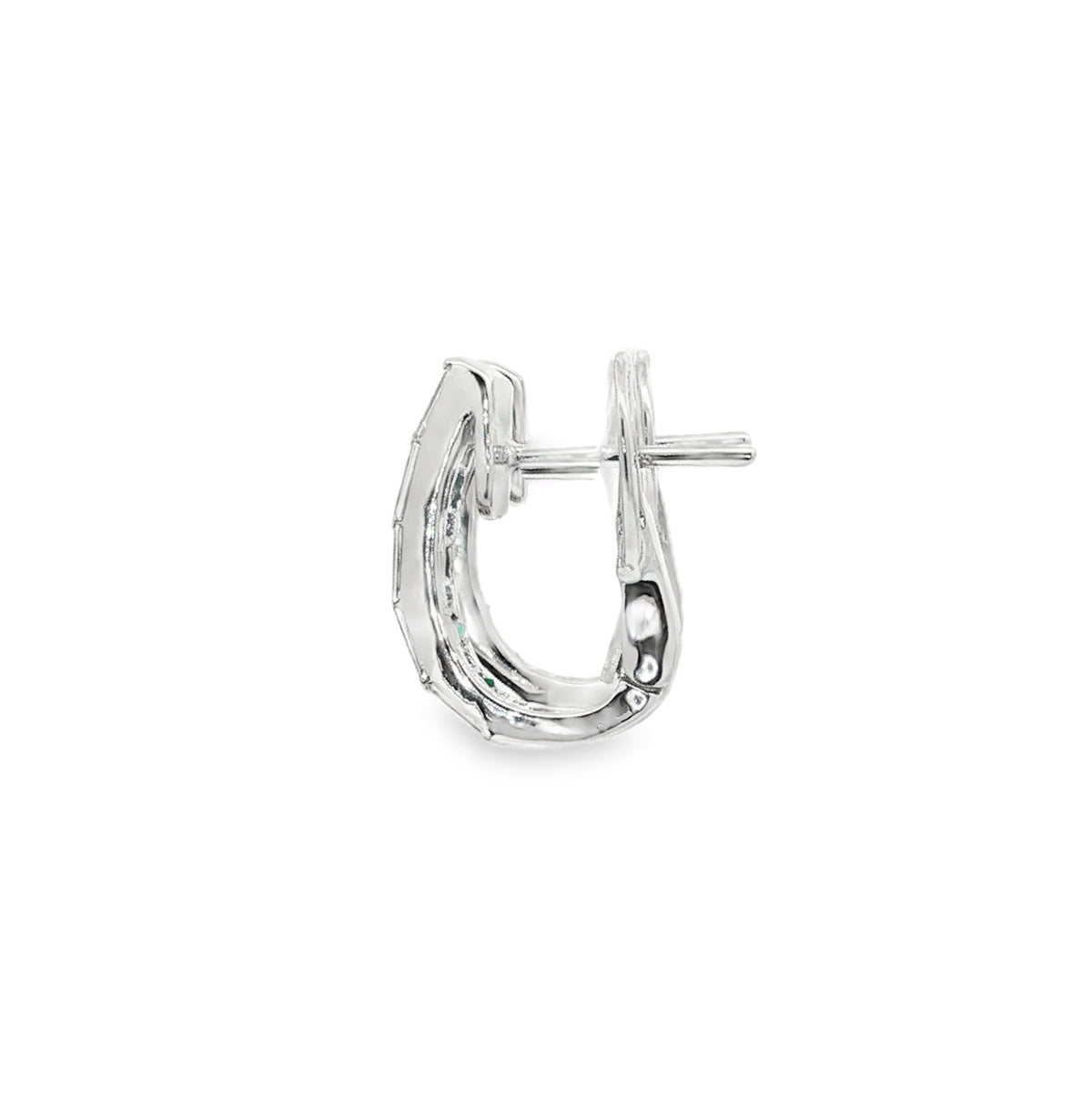 18kt White Gold 0.55ctw Princess Cut Emerald &0.86ctw Baguette/Round Diamond J-Hoop Huggie Earrings