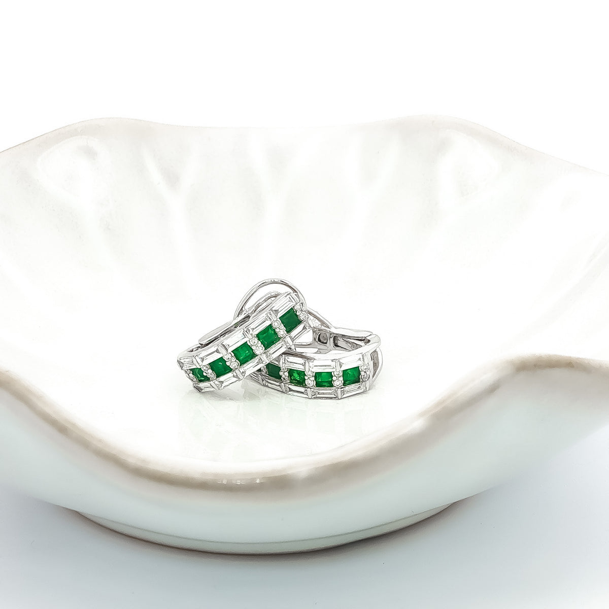 18kt White Gold 0.55ctw Princess Cut Emerald &0.86ctw Baguette/Round Diamond J-Hoop Huggie Earrings
