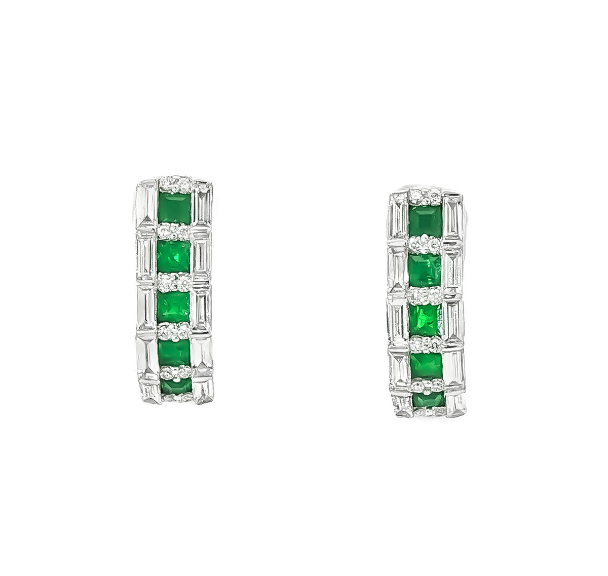 18kt White Gold 0.55ctw Princess Cut Emerald &0.86ctw Baguette/Round Diamond J-Hoop Huggie Earrings