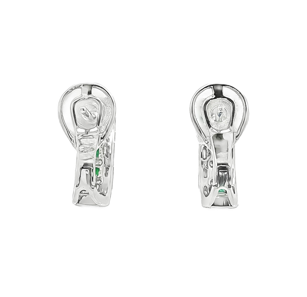 18kt White Gold 0.55ctw Princess Cut Emerald &0.86ctw Baguette/Round Diamond J-Hoop Huggie Earrings