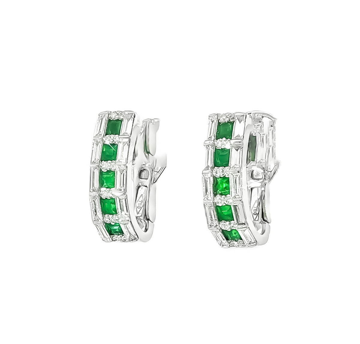 18kt White Gold 0.55ctw Princess Cut Emerald &0.86ctw Baguette/Round Diamond J-Hoop Huggie Earrings