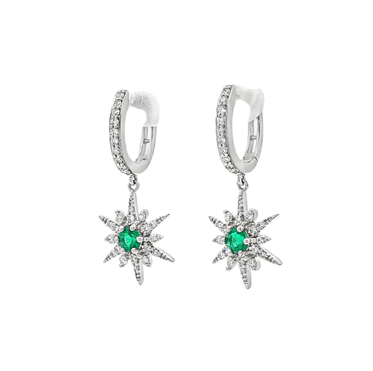 14kt White Gold 0.28ctw Round Emerald & 0.35ctw Round Diamond Star Drop Earrings