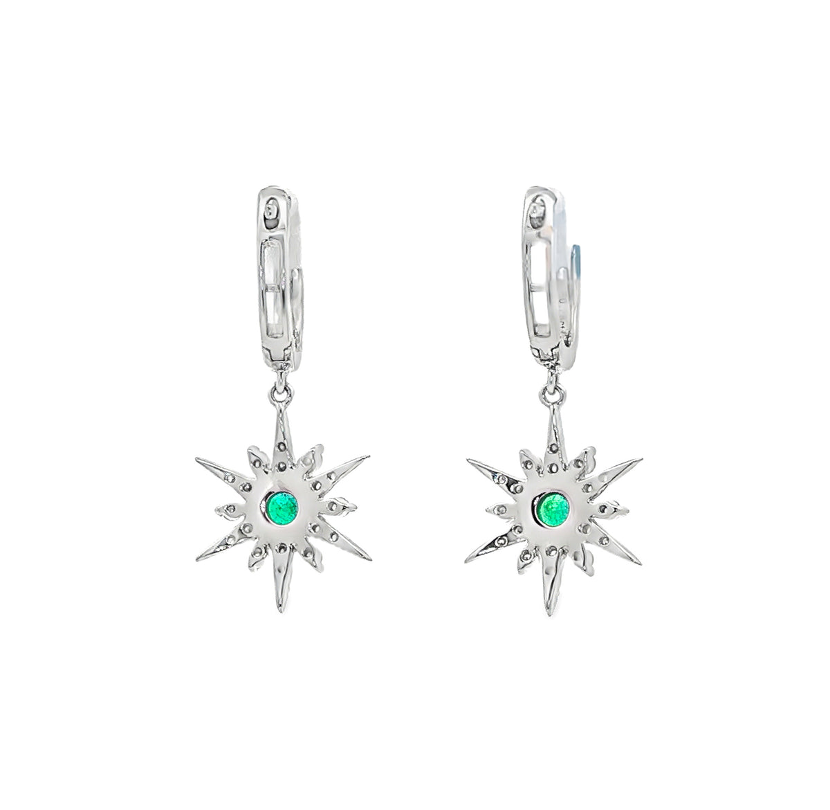 14kt White Gold 0.28ctw Round Emerald & 0.35ctw Round Diamond Star Drop Earrings