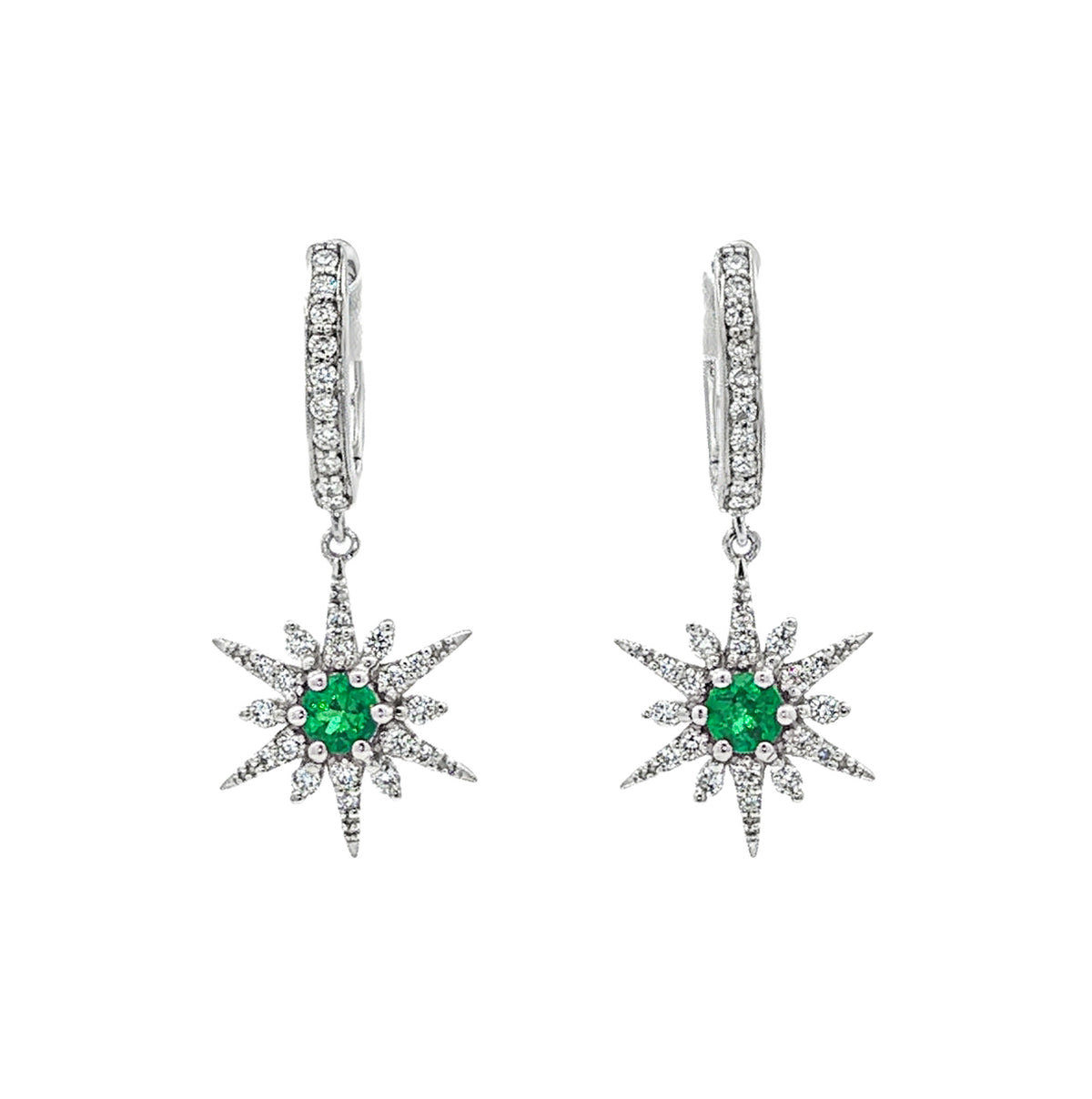 14kt White Gold 0.28ctw Round Emerald & 0.35ctw Round Diamond Star Drop Earrings