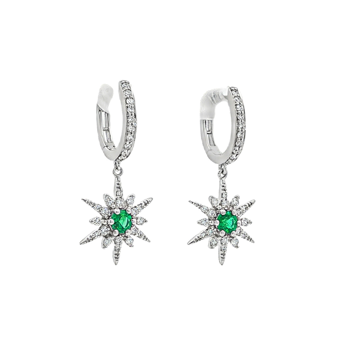 14kt White Gold 0.28ctw Round Emerald & 0.35ctw Round Diamond Star Drop Earrings