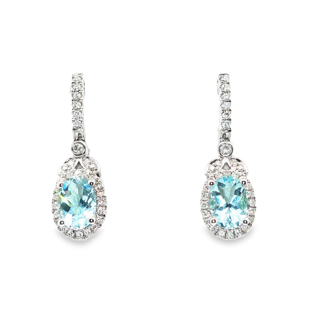 14kt White Gold Oval Aquamarine and Diamond Halo Drop Earrings