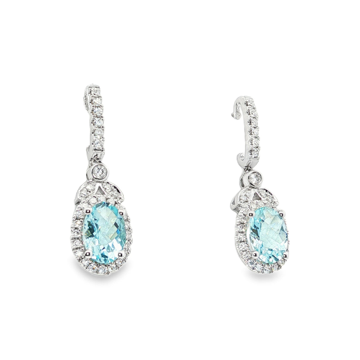 14kt White Gold Oval Aquamarine and Diamond Halo Drop Earrings
