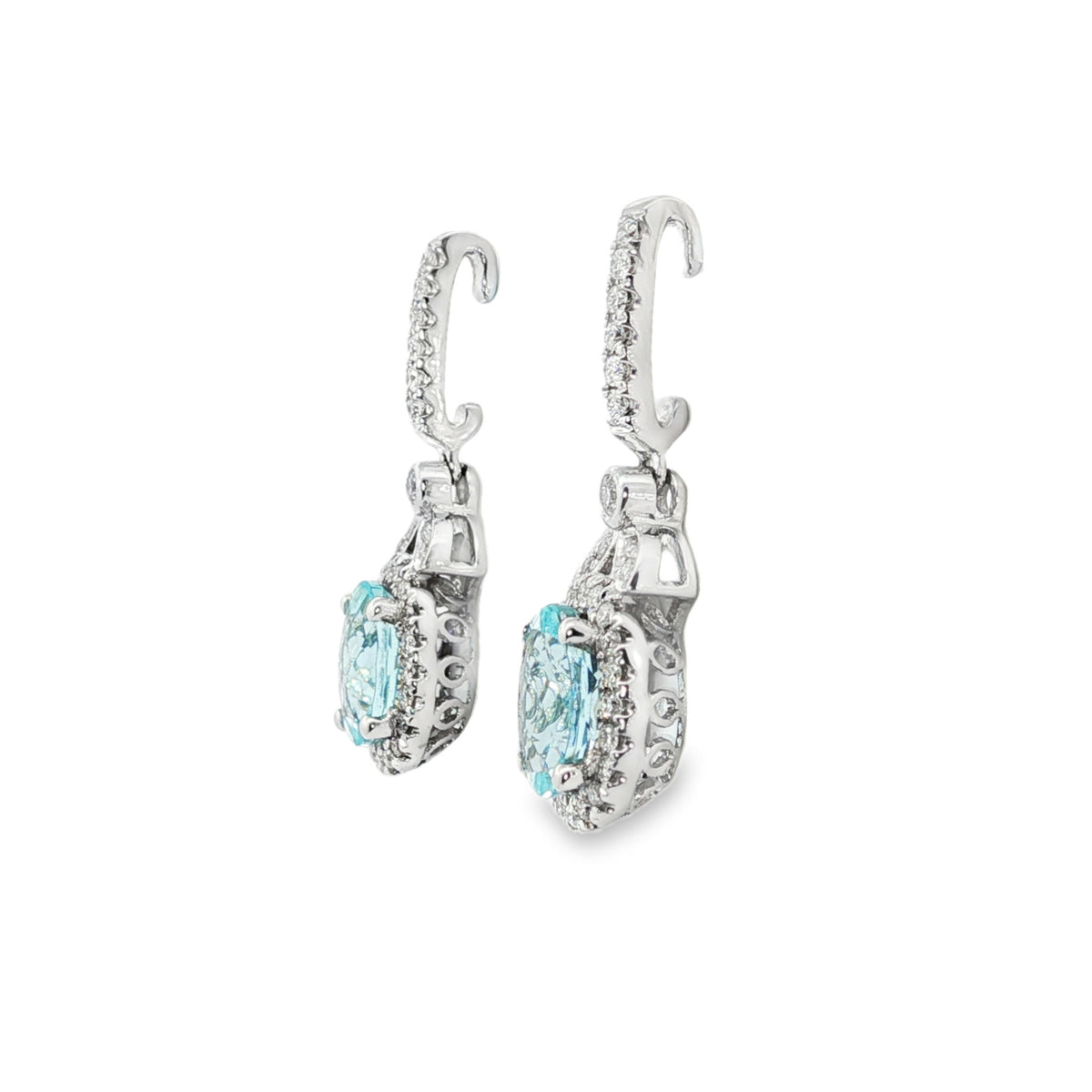 14kt White Gold Oval Aquamarine and Diamond Halo Drop Earrings