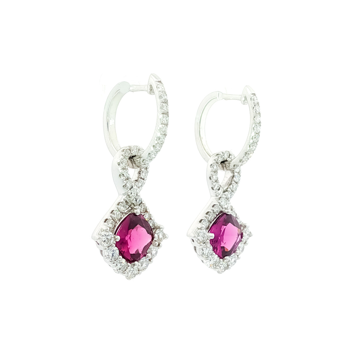 18kt White Gold 1.61 ctw Purple Cushion Garnet with Diamond Drop Earrings