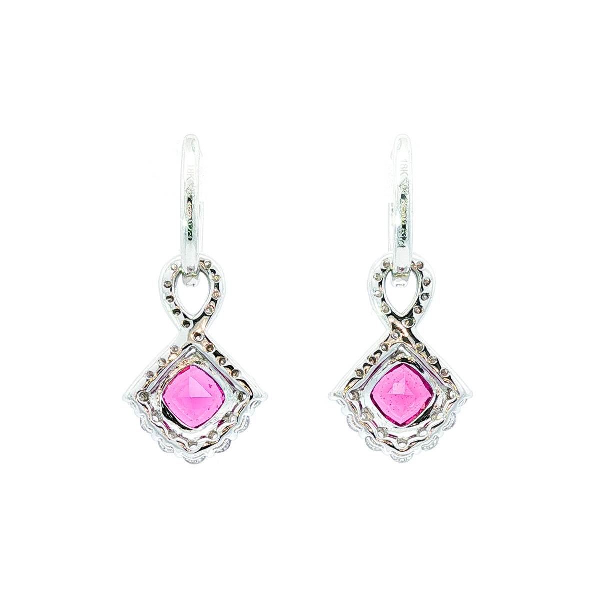 18kt White Gold 1.61 ctw Purple Cushion Garnet with Diamond Drop Earrings