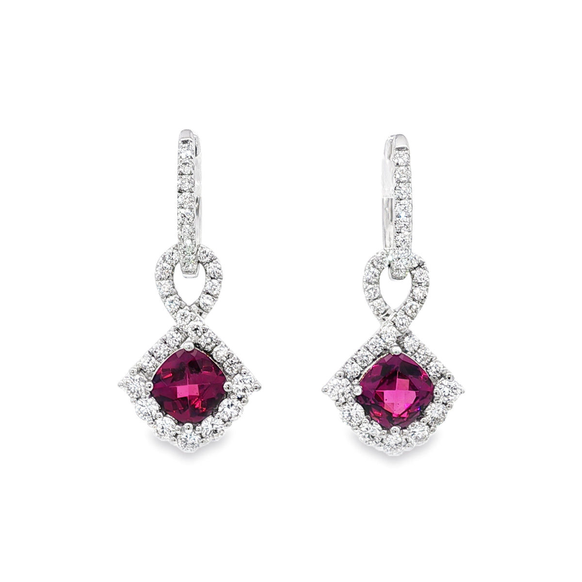 18kt White Gold 1.61 ctw Purple Cushion Garnet with Diamond Drop Earrings