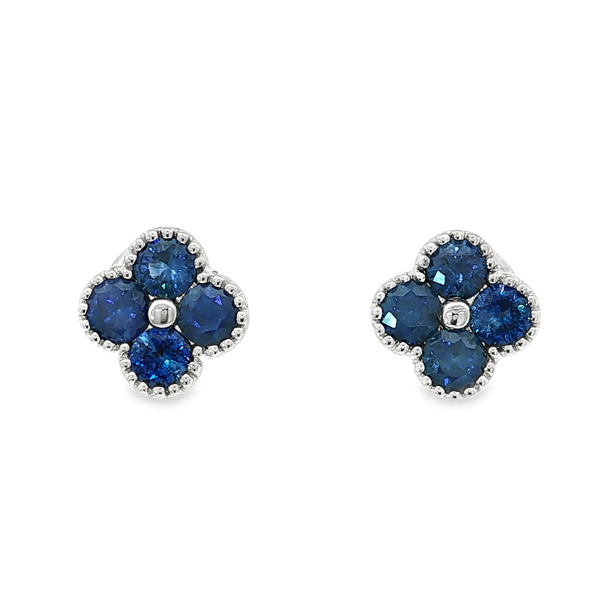14kt White Gold 1.72 ctw Round Sapphire Milgrain Flower Stud Earrings