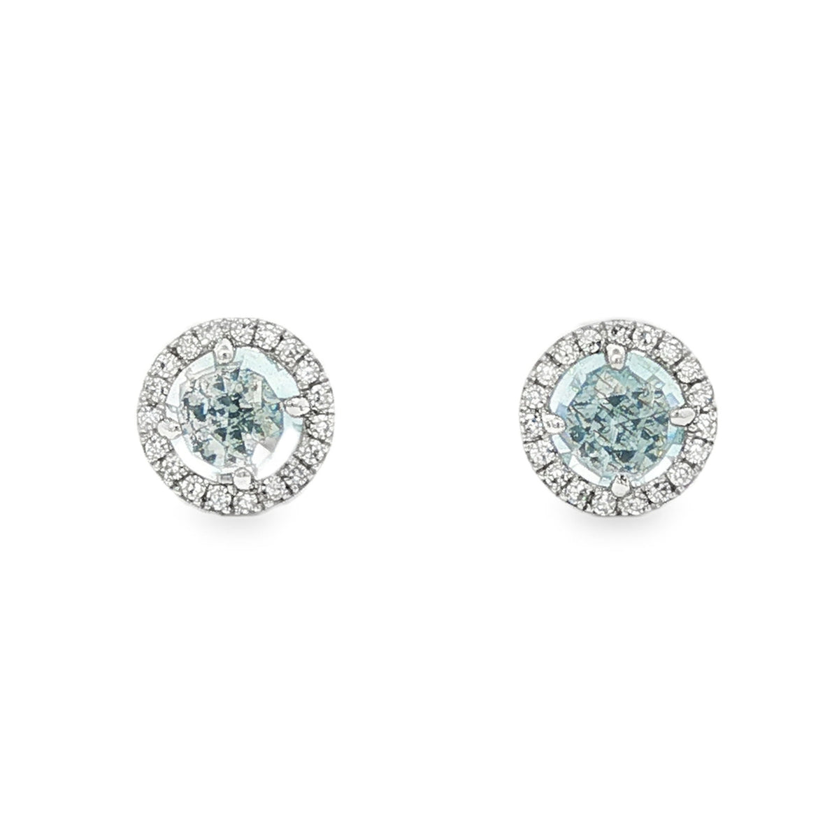 14kt Gold Aquamarine and Diamond Halo Stud Earrings White