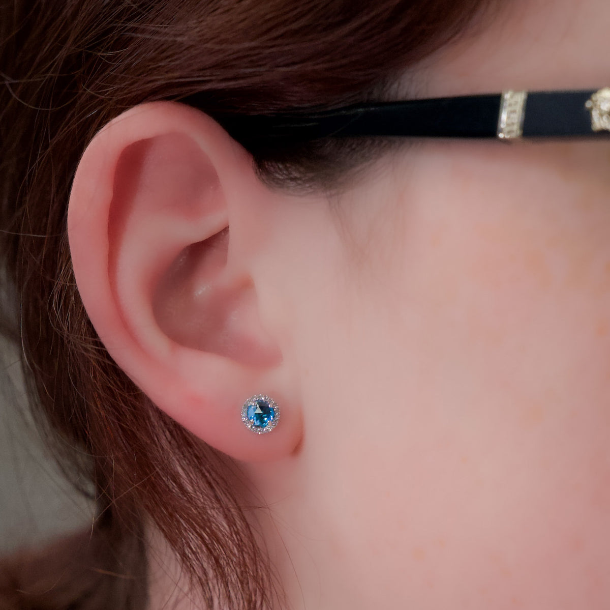 14kt Gold Blue Topaz and Diamond Halo Stud Earrings Yellow,White