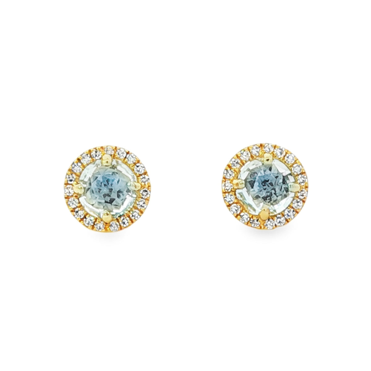 14kt Gold Aquamarine and Diamond Halo Stud Earrings Yellow
