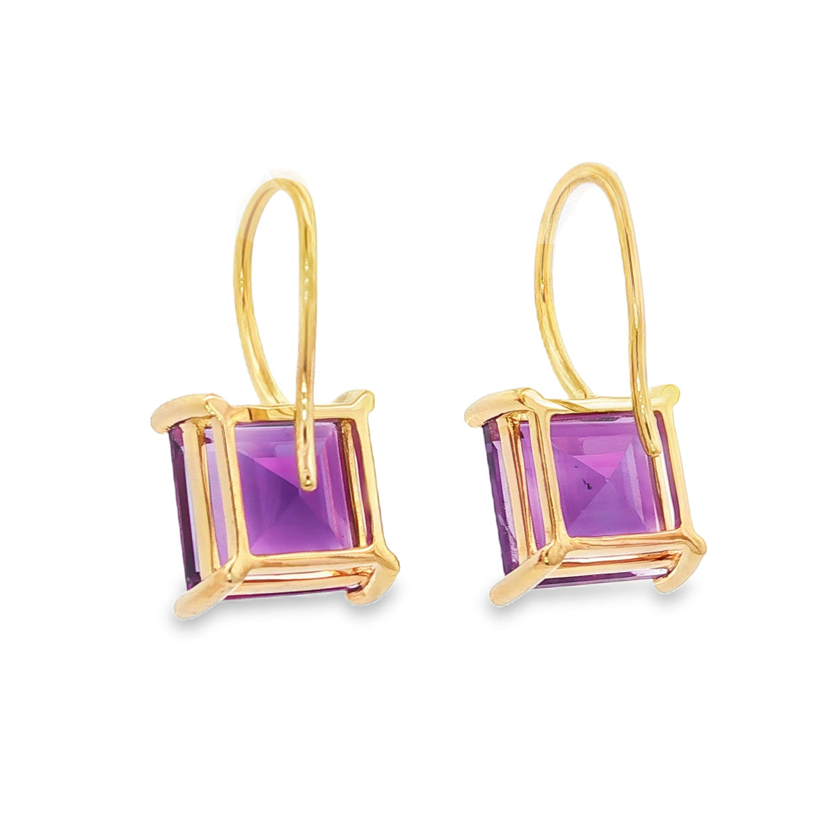 14kt Yellow Gold 9mm Square Amethyst Dangle Earrings