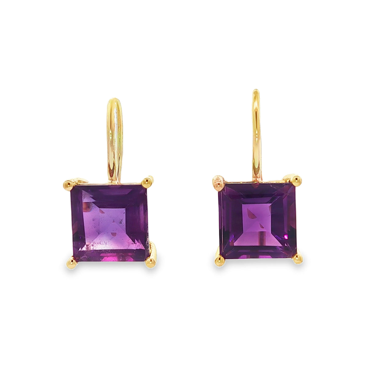 14kt Yellow Gold 9mm Square Amethyst Dangle Earrings