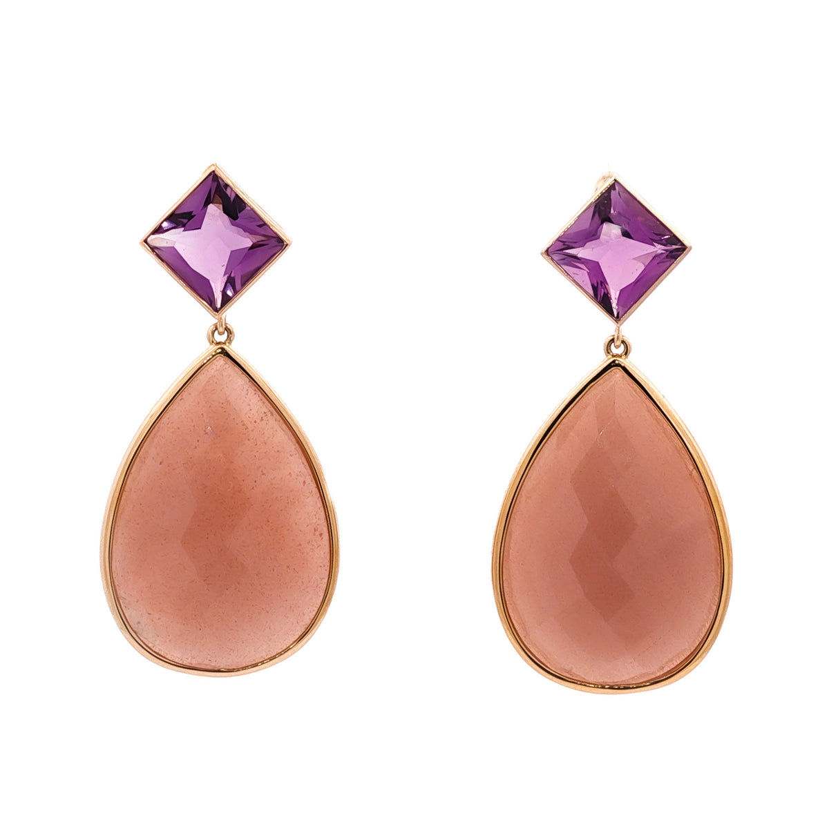 14kt Yellow Gold Pear Shape Peach Moonstone & Amethyst Bezel Drop Earrings