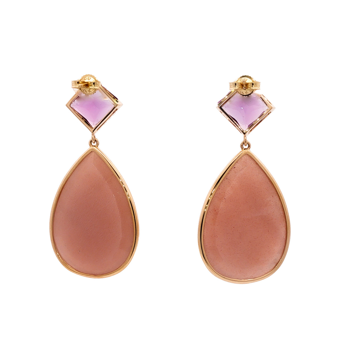 14kt Yellow Gold Pear Shape Peach Moonstone & Amethyst Bezel Drop Earrings