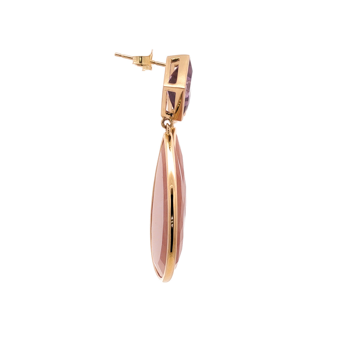 14kt Yellow Gold Pear Shape Peach Moonstone & Amethyst Bezel Drop Earrings