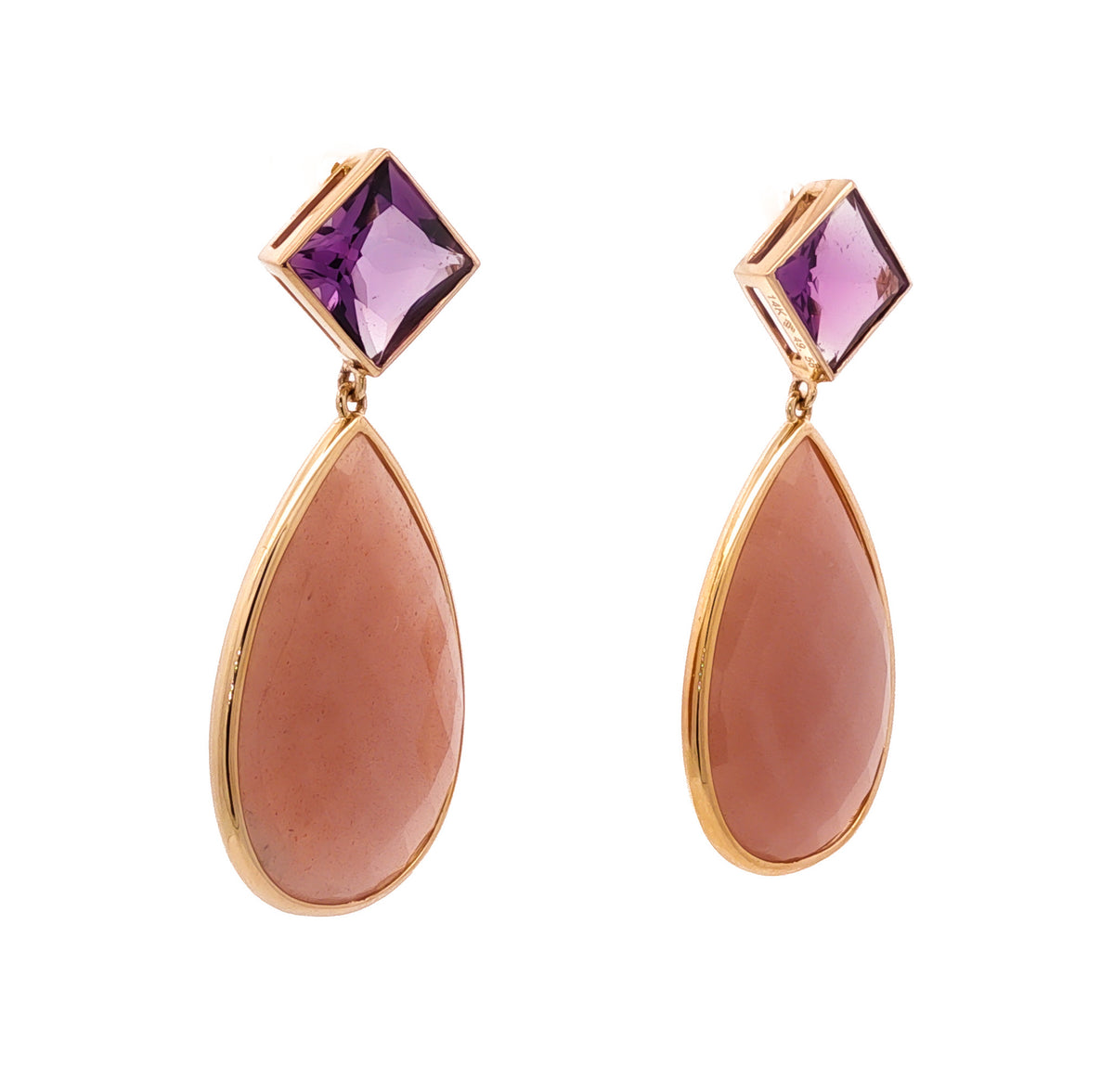 14kt Yellow Gold Pear Shape Peach Moonstone & Amethyst Bezel Drop Earrings