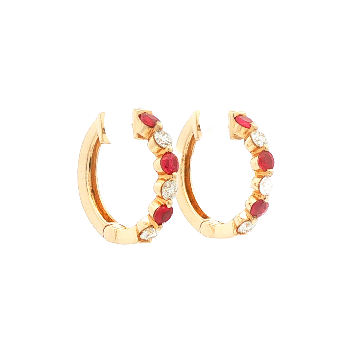 14kt Yellow Gold 0.73 ctw Ruby & 0.48 ctw Diamond Alternating Huggie Hoop Earrings