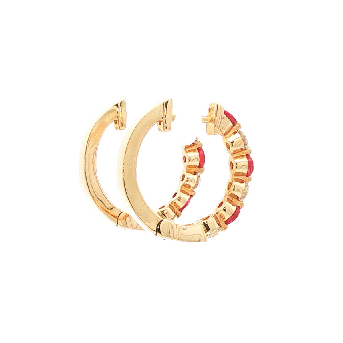 14kt Yellow Gold 0.73 ctw Ruby & 0.48 ctw Diamond Alternating Huggie Hoop Earrings