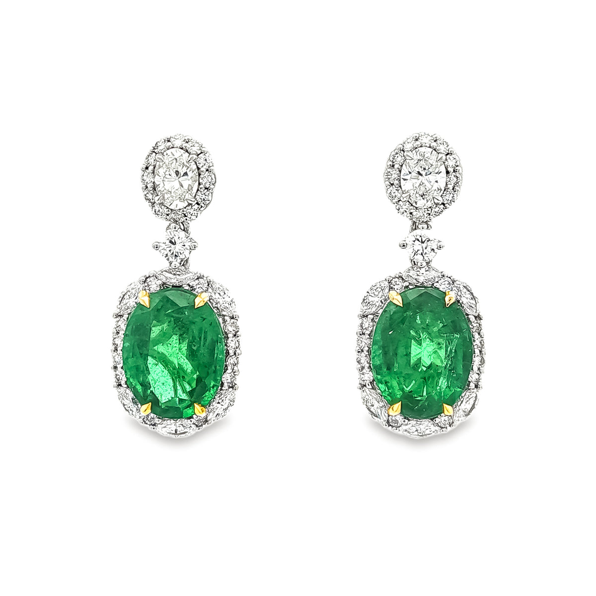 Juleve 18kt White Gold 3.36ctw Oval Emerald & 1.04ctw Oval/Marquise/Round Diamond Halo Drop Earrings