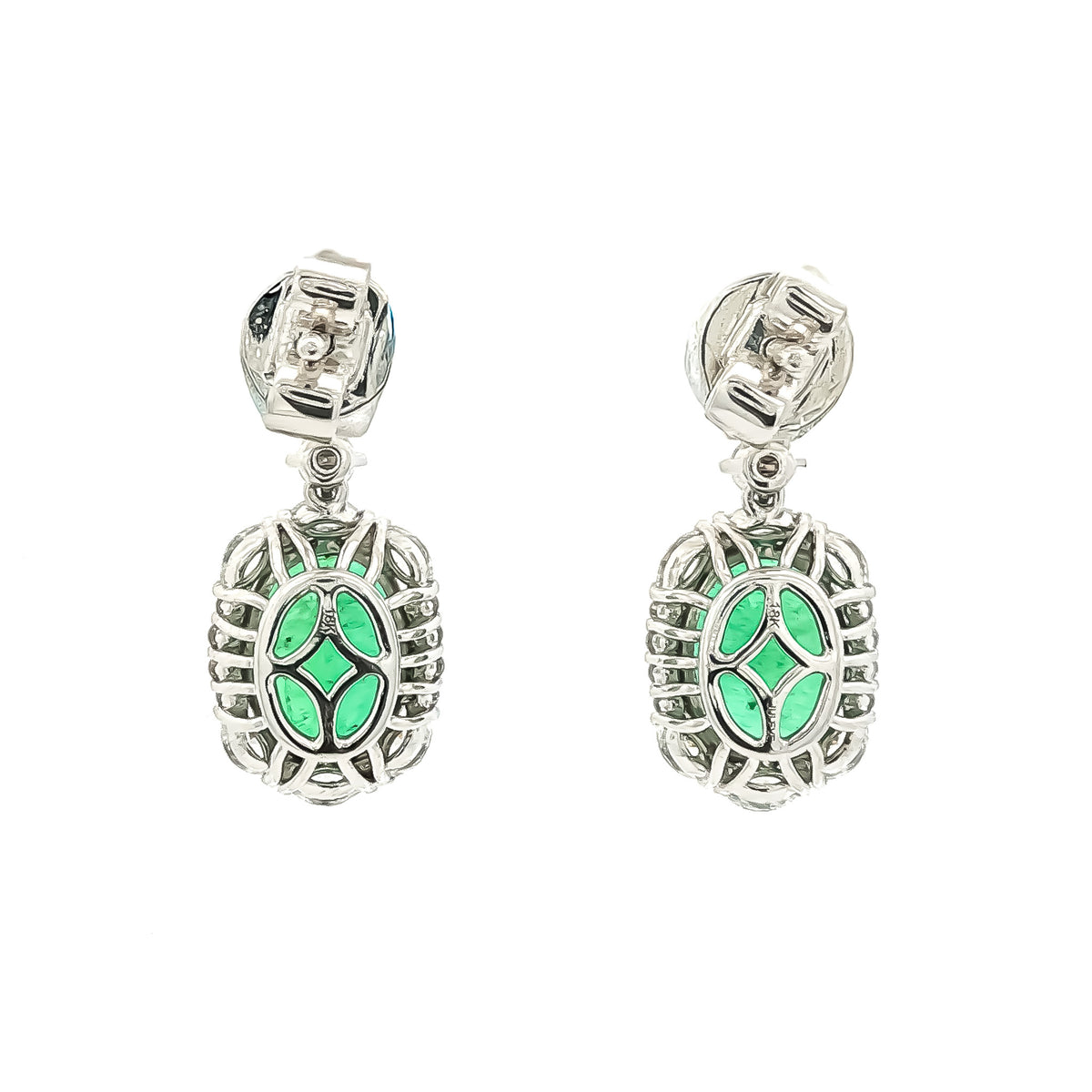 Juleve 18kt White Gold 3.36ctw Oval Emerald & 1.04ctw Oval/Marquise/Round Diamond Halo Drop Earrings