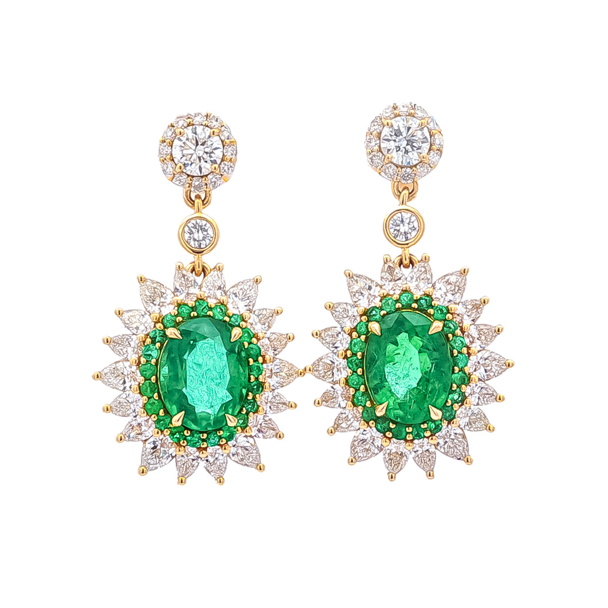 18kt Yellow Gold 3.97ctw Oval/Round Emerald & 3.02ctw Pear/Round Diamond Starburst Halo Drop Earrings