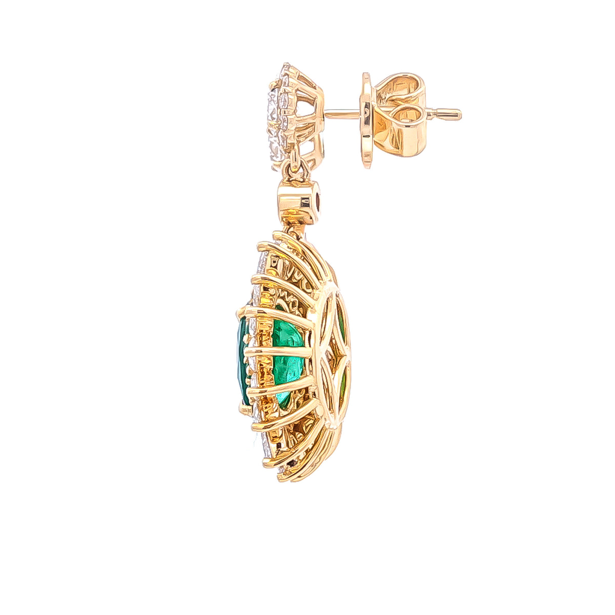 18kt Yellow Gold 3.97ctw Oval/Round Emerald & 3.02ctw Pear/Round Diamond Starburst Halo Drop Earrings