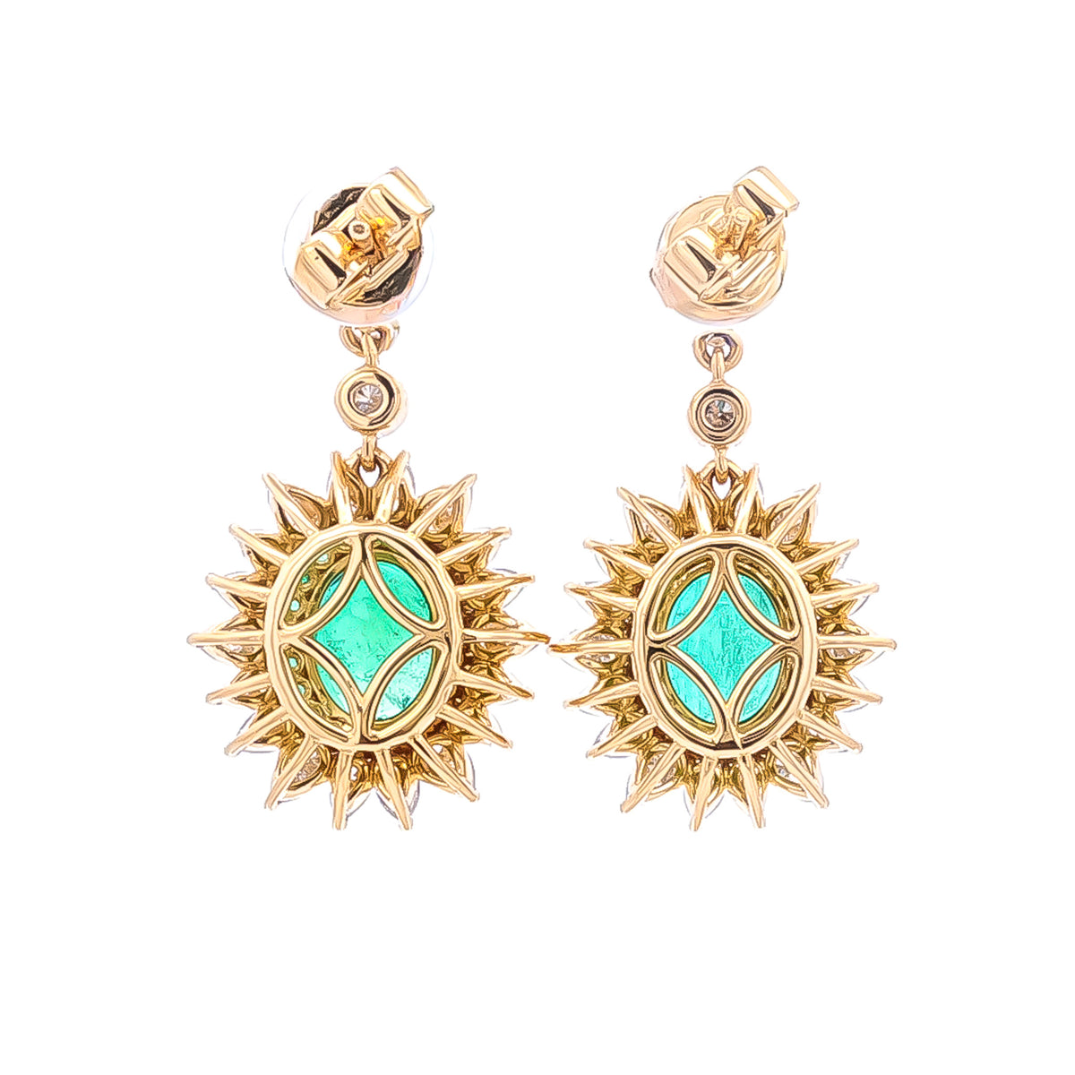 18kt Yellow Gold 3.97ctw Oval/Round Emerald & 3.02ctw Pear/Round Diamond Starburst Halo Drop Earrings