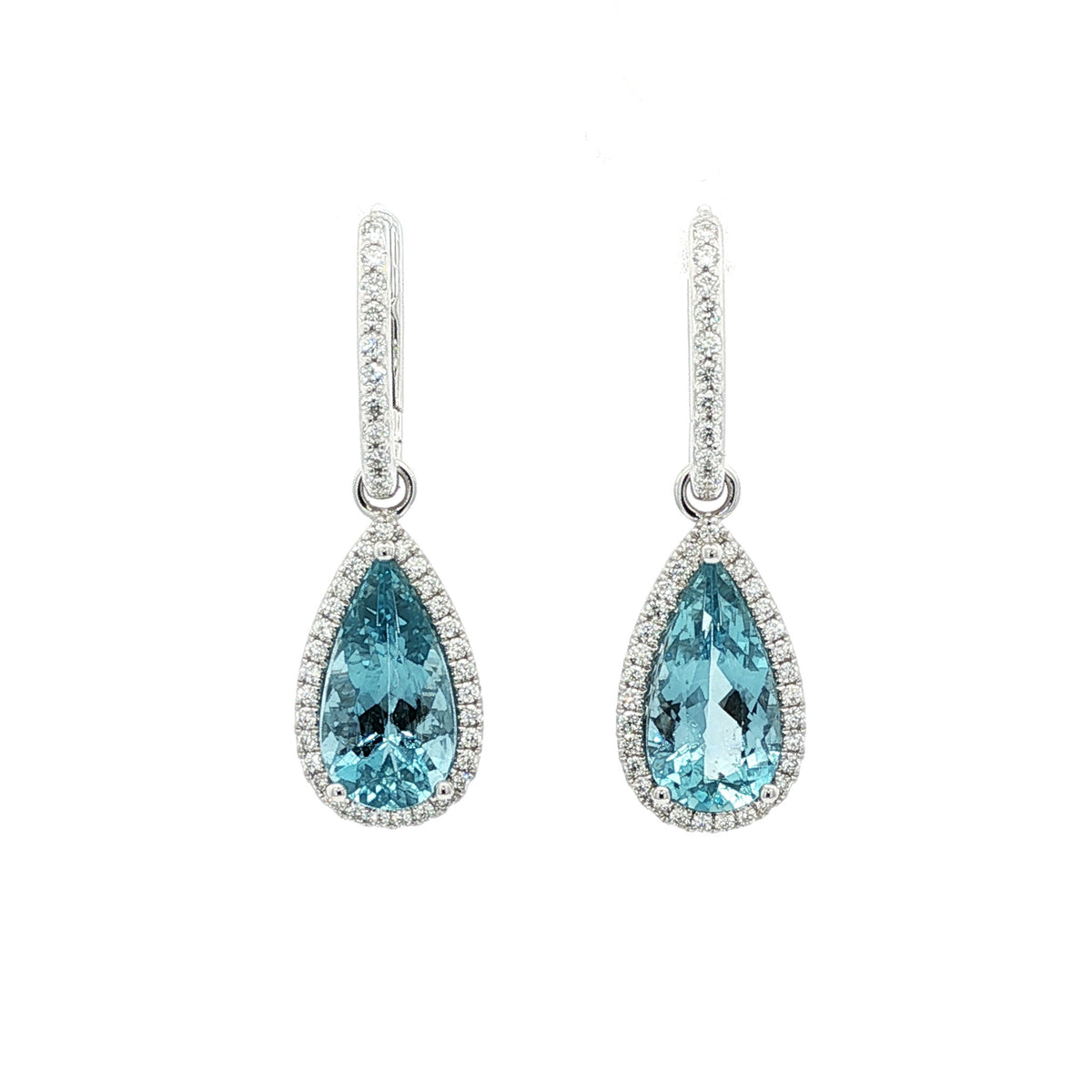 Juleve 14kt White Gold 4.69 ctw Pear-Shaped Aquamarine and .50 ctw Diamond Halo Drop Earrings