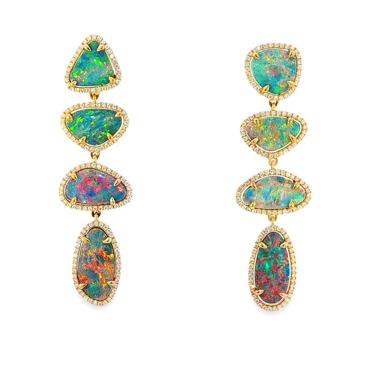 14kt Yellow Gold 17.14 ctw Freeform Opals with .87 ctw Diamond Halo Drop Earrings