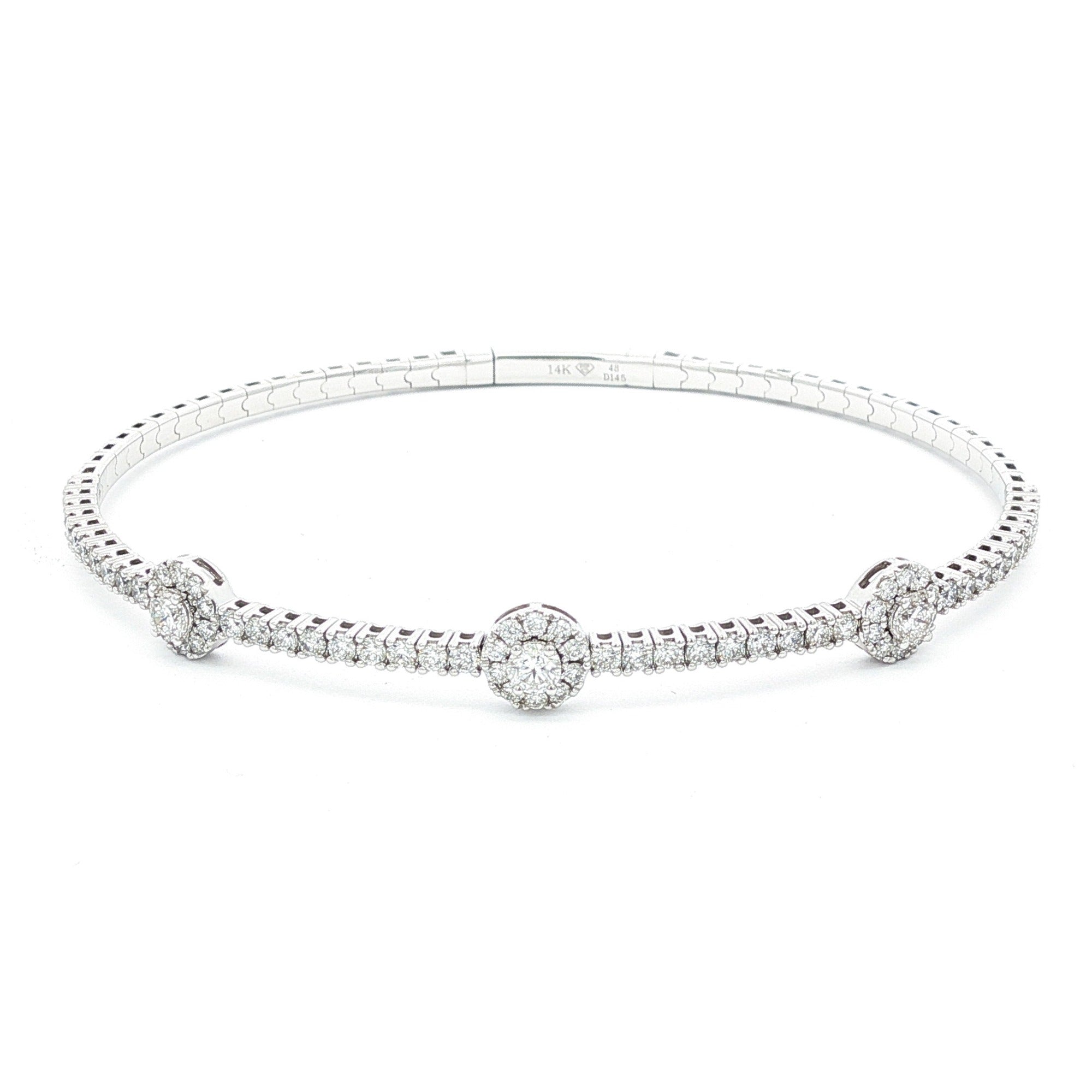 14K WHITE GOLD 1.45 CTW DIAMOND HALO BANGLE BRACELET 6.75"