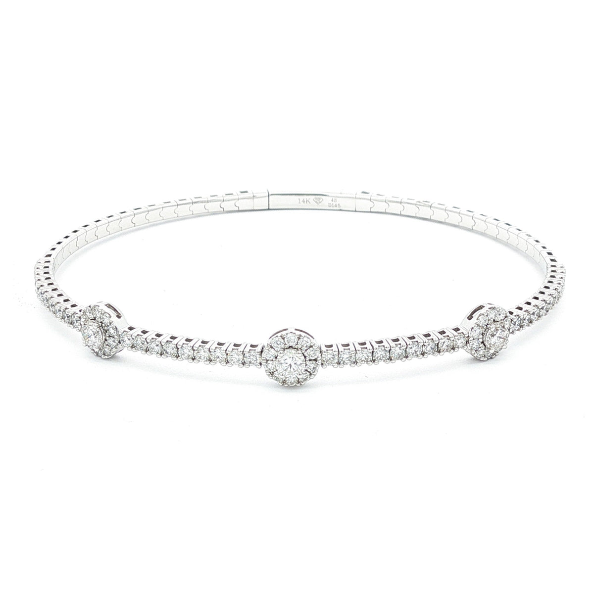 14K WHITE GOLD 1.45 CTW DIAMOND HALO BANGLE BRACELET 6.75"