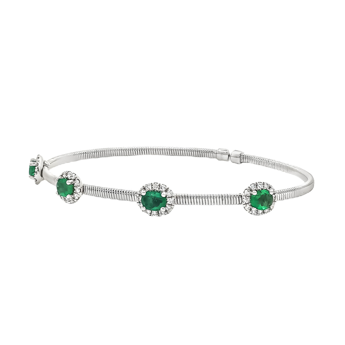14kt White Gold 1.38 ctw Oval Emerald & 0.48ctw Diamond Halo Cuff Bracelet