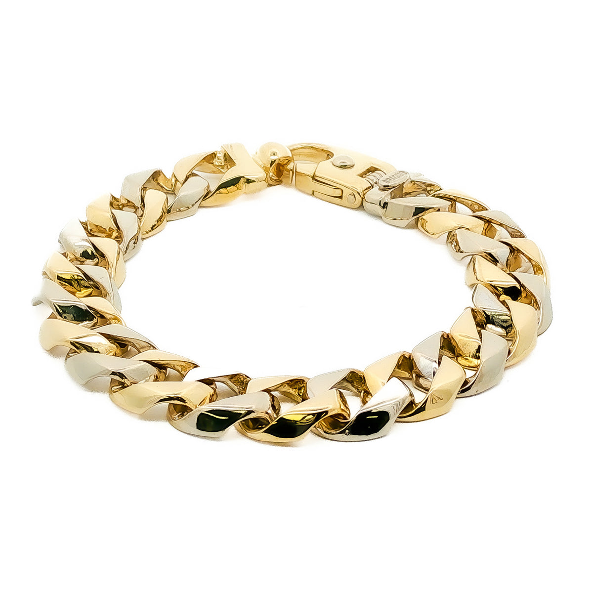 Mens 14kt Yellow/White Gold 13mm Alternating Two-Tone Curb Link Bracelet, 8.5in