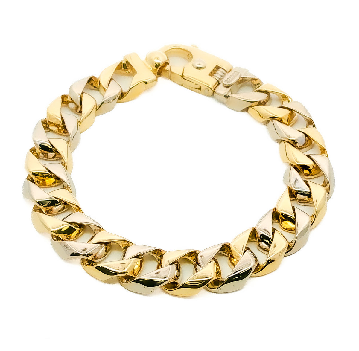 Mens 14kt Yellow/White Gold 13mm Alternating Two-Tone Curb Link Bracelet, 8.5in