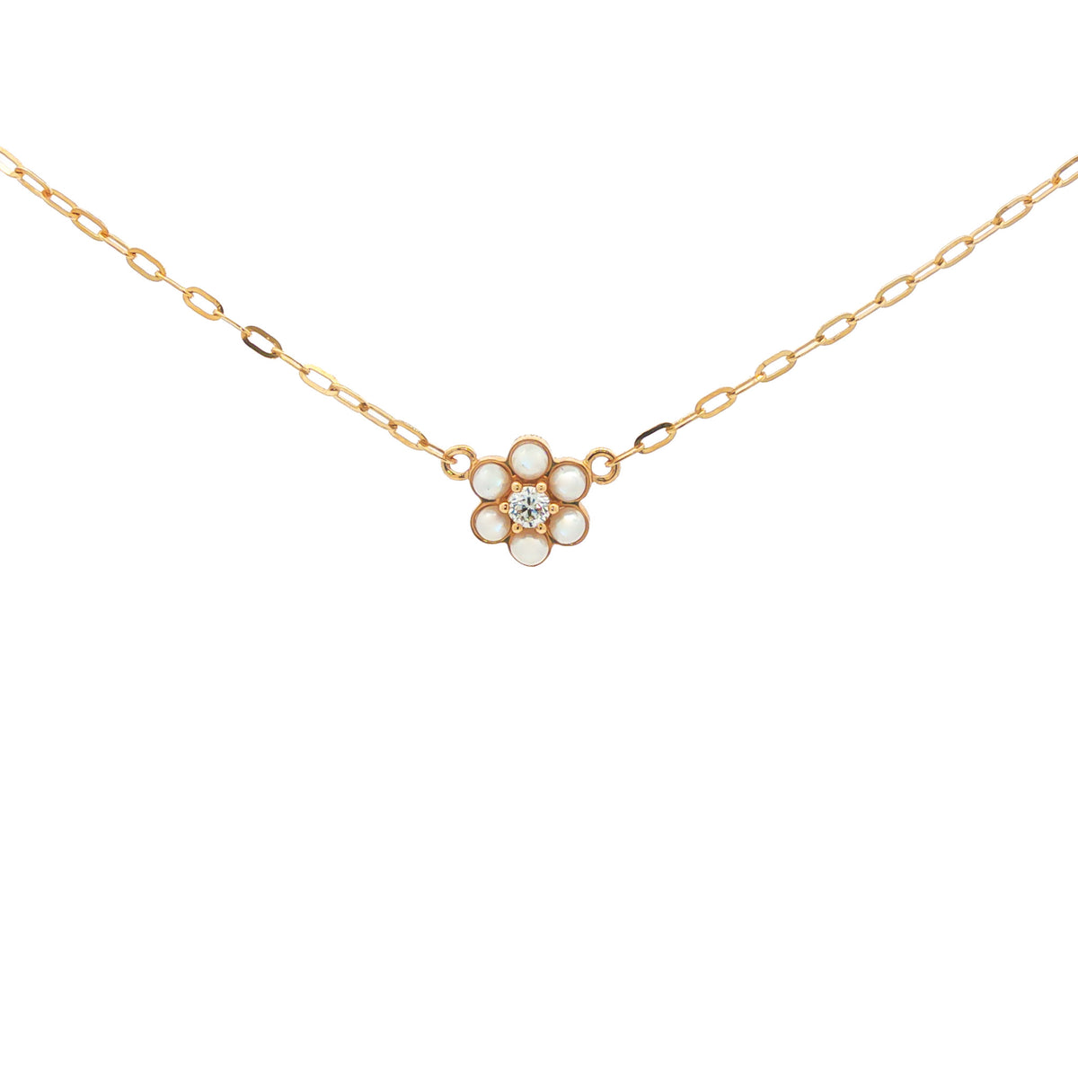 14kt Yellow Gold Pearl and Diamond Flower Necklace