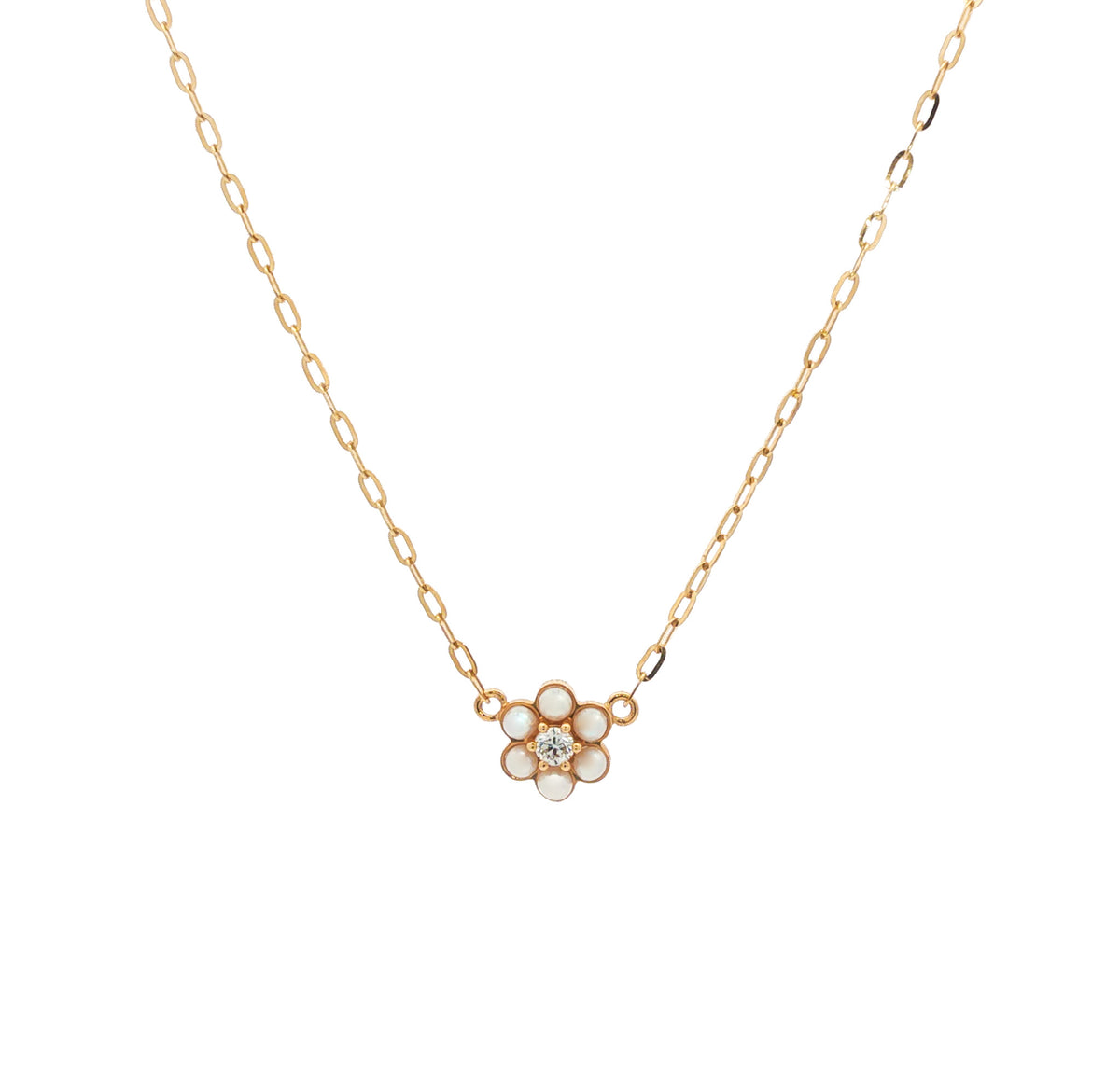 14kt Yellow Gold Pearl and Diamond Flower Necklace